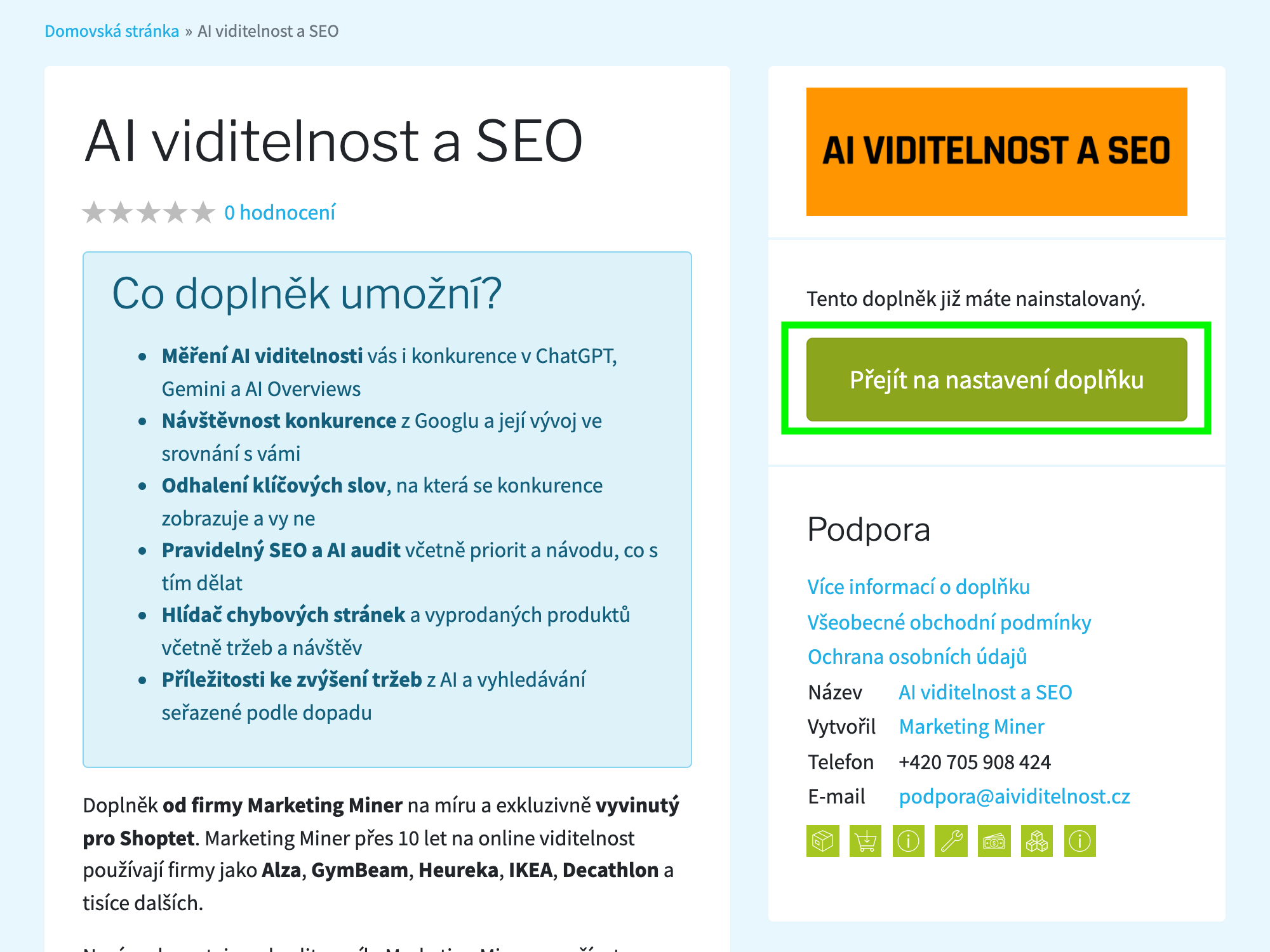 Shoptet administrace – tlačítko Přejít na nastavení doplňku